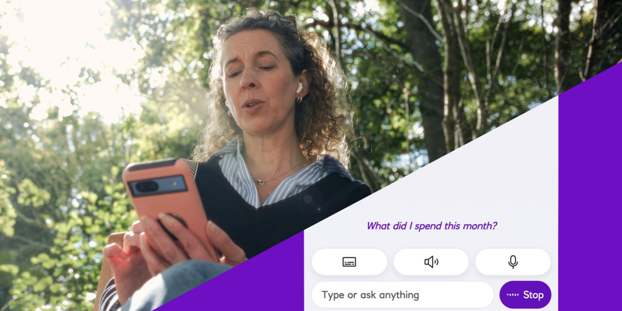 This image shows a woman looking at her phone and engaging with NatWest’s spending insights tool.