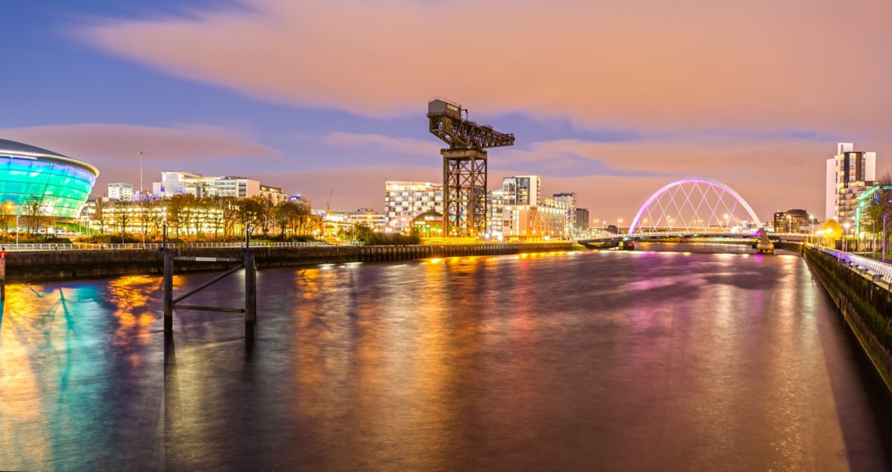 Clyde Arc and Glasgow Skyline at Night