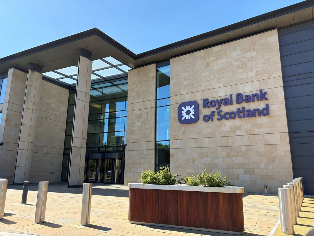 This image shows the outside of the Royal Bank of Scotland headquarters in Edinburgh